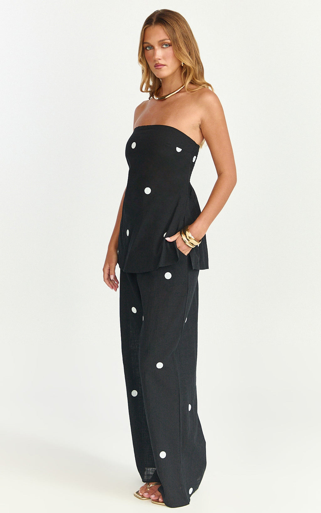 Skye Two Piece Set - Strapless Longline Top and Pant Set in Black Polka Dot