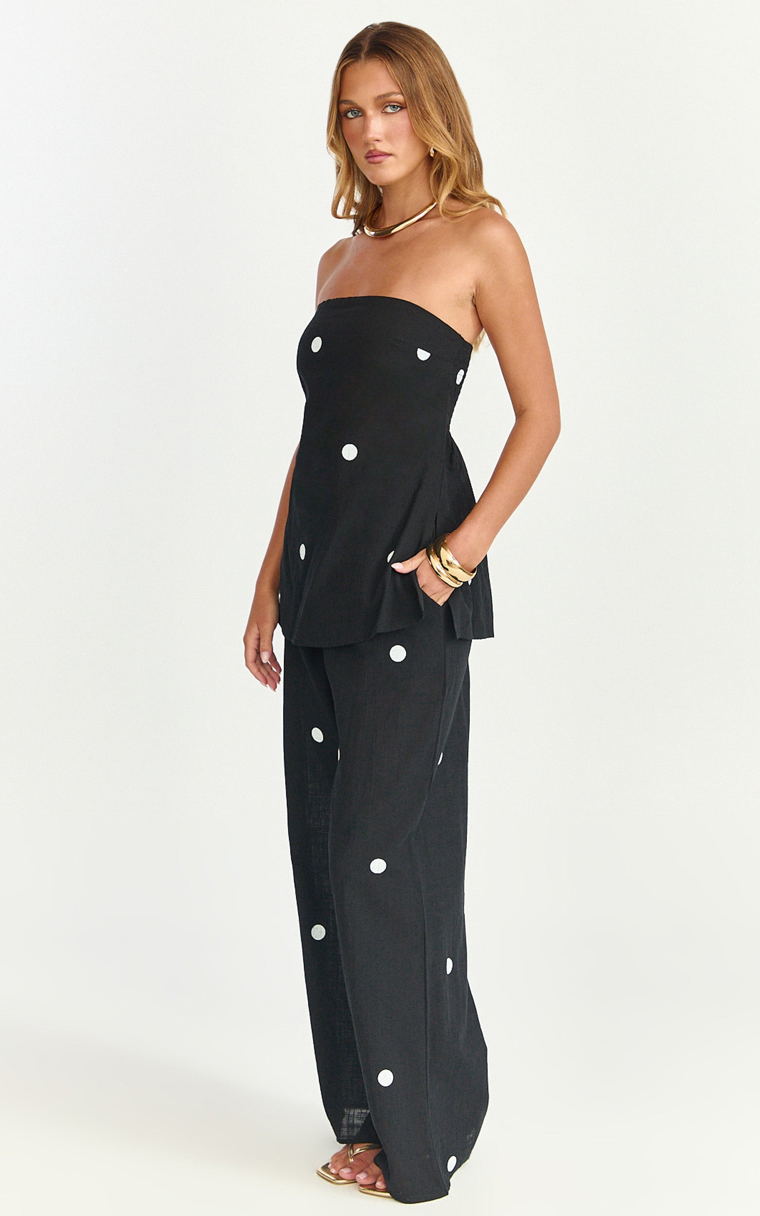 Skye Two Piece Set - Strapless Longline Top and Pant Set in Black Polka Dot