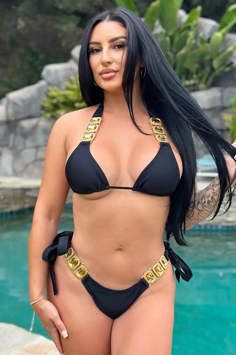 Black Rhinestone Gem Halter Ruched Back Cheeky Sexy 2Pc Swimsuit Set BIkini