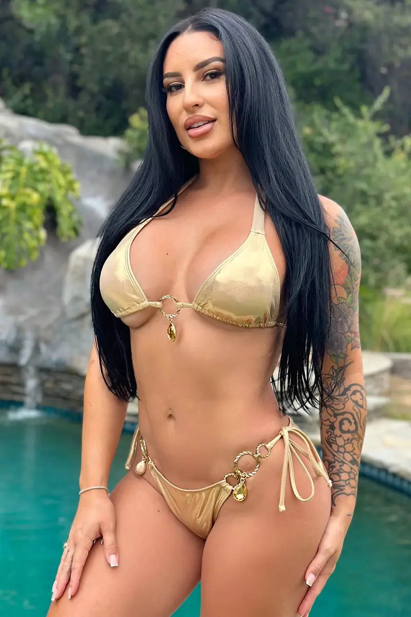 Gold Metallic O-Ring Rhinestone Ruched Back Sexy 2Pc Swimsuit Bikini