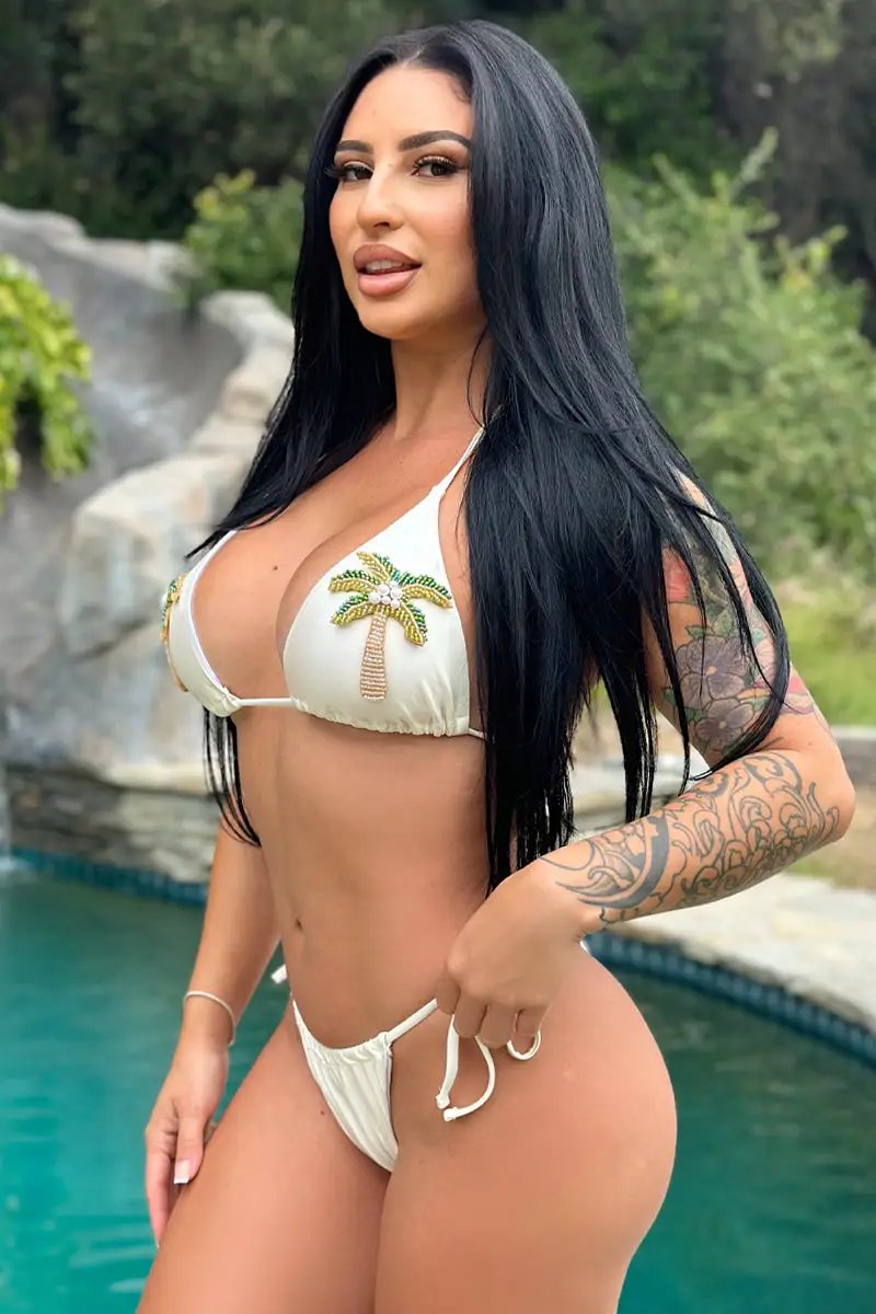 Off White Pearl Beaded Palm Trees Triangle Cheeky Sexy 2Pc Swim Set