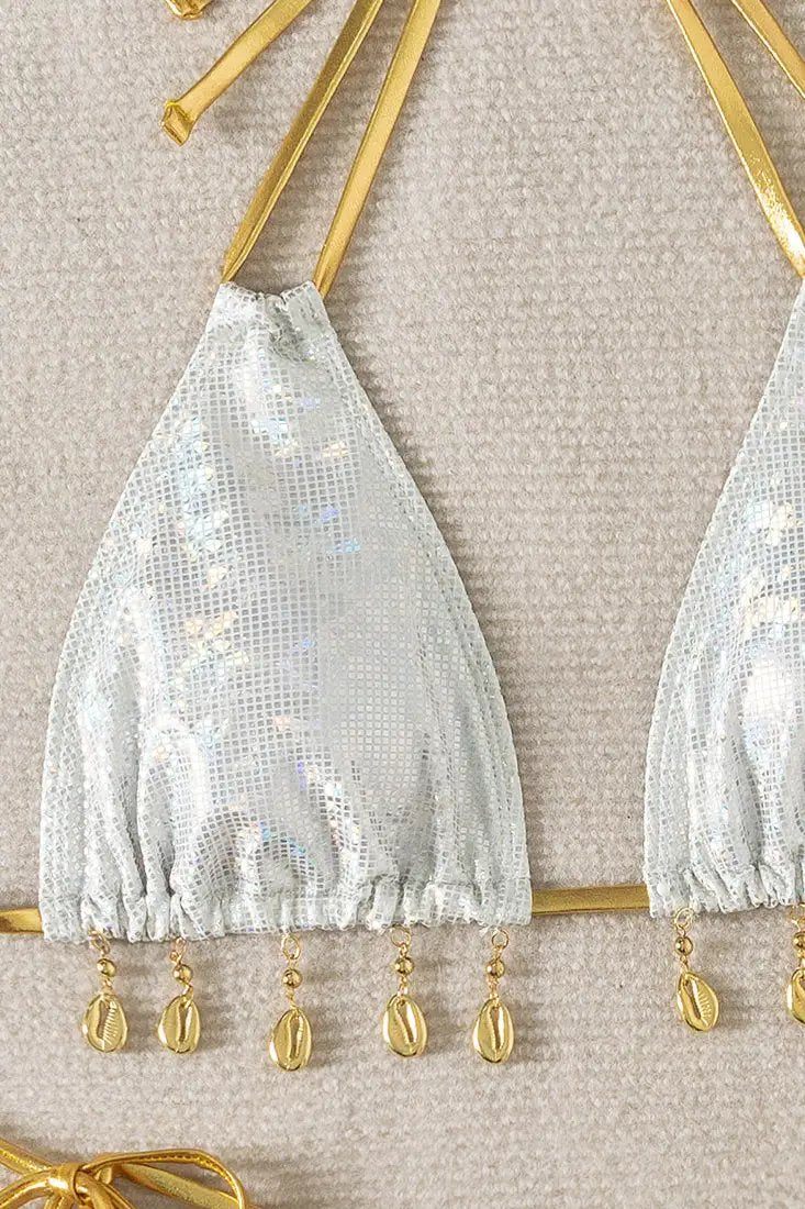 White Holographic Gold Dangly Seashell Cheeky Bikini 2Pc Swimsuit