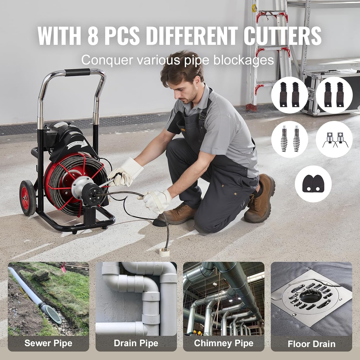 Drain Cleaner Machine 100FT x 1/2 Inch, Auto Feed Sewer Snake Auger on Wheels, 550W Portable Drain Cleaning Machine with 8 Cutters & Air-activated Foot Switch for 2 to 4 Pipes