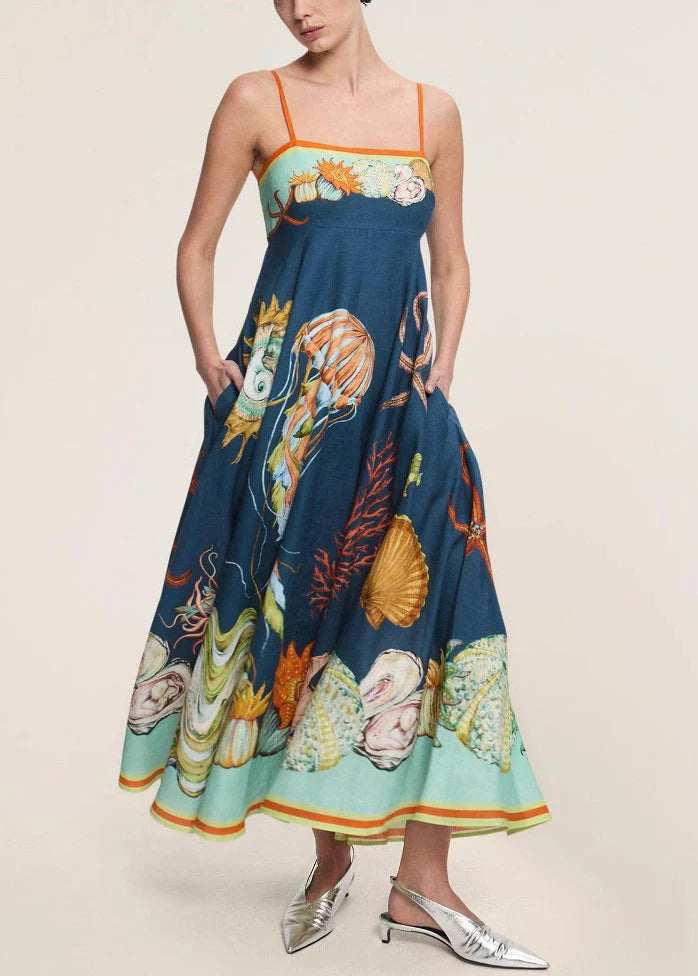 Sophie Paris I Robe sans manches en lin avec bretelles fines et imprimé Marine italienne