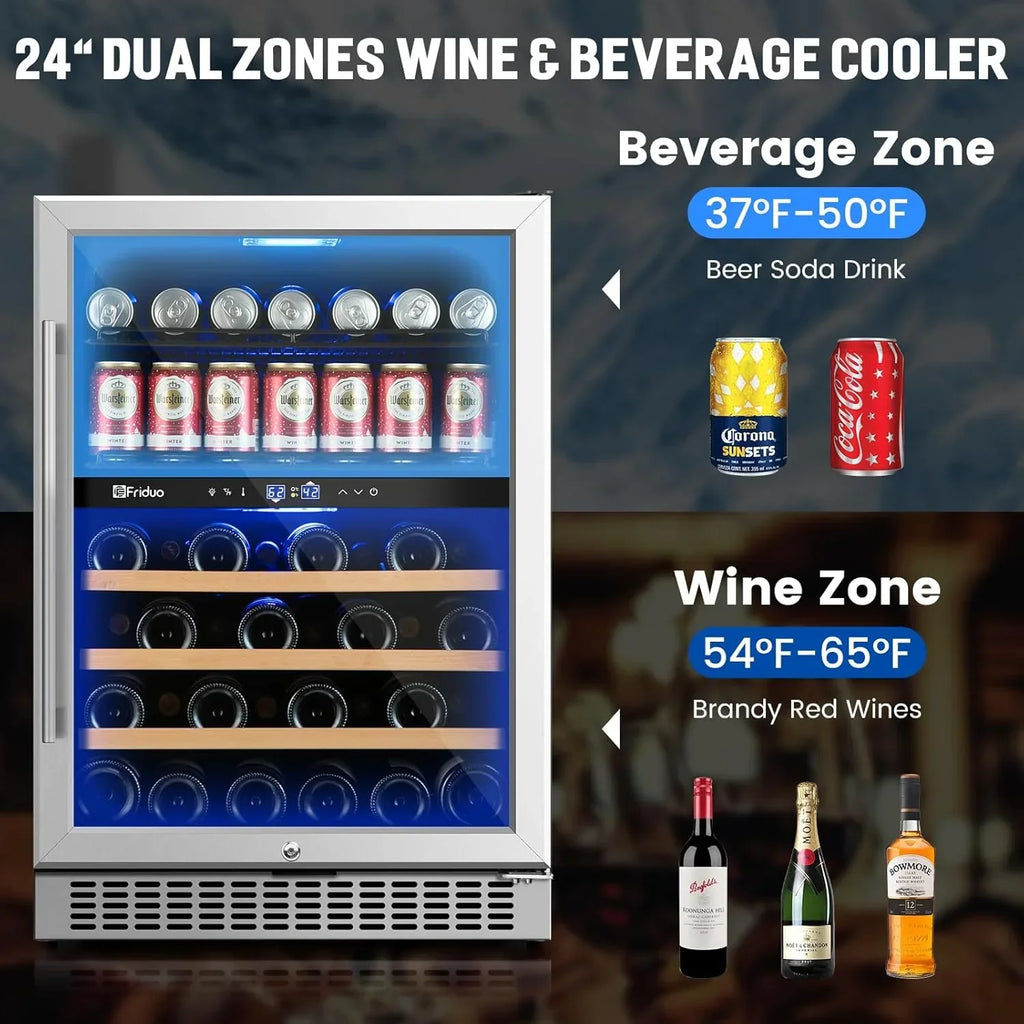 24 inch Dual Zone Beverage Refrigerator 30 Bottles 82 Cans Wine Fridge Built-in or Freestanding