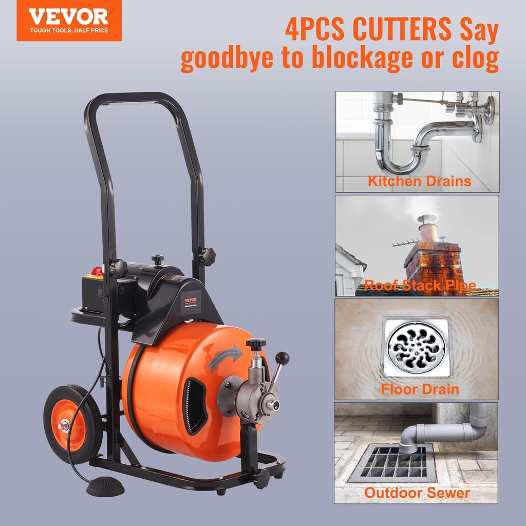 2025 Drain Cleaner Machine 100FT x 1/2Inch, Auto Feed Sewer Snake Auger with 4 Cutter & Air-activated Foot Switch for 1 to 4 Pipes, Orange, Black