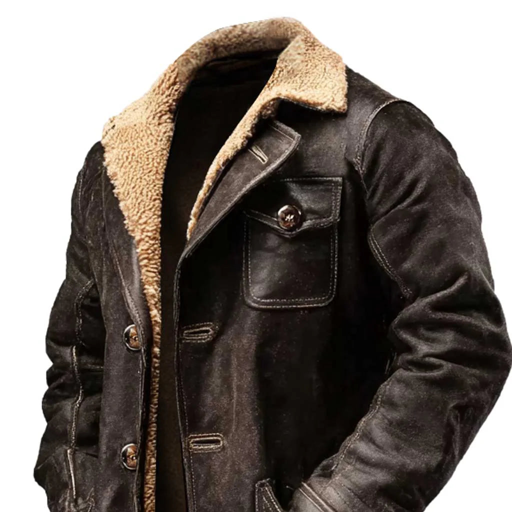 Manteau en Cuir Suédé Marron Homme avec Fourrure Synthétique Vintage