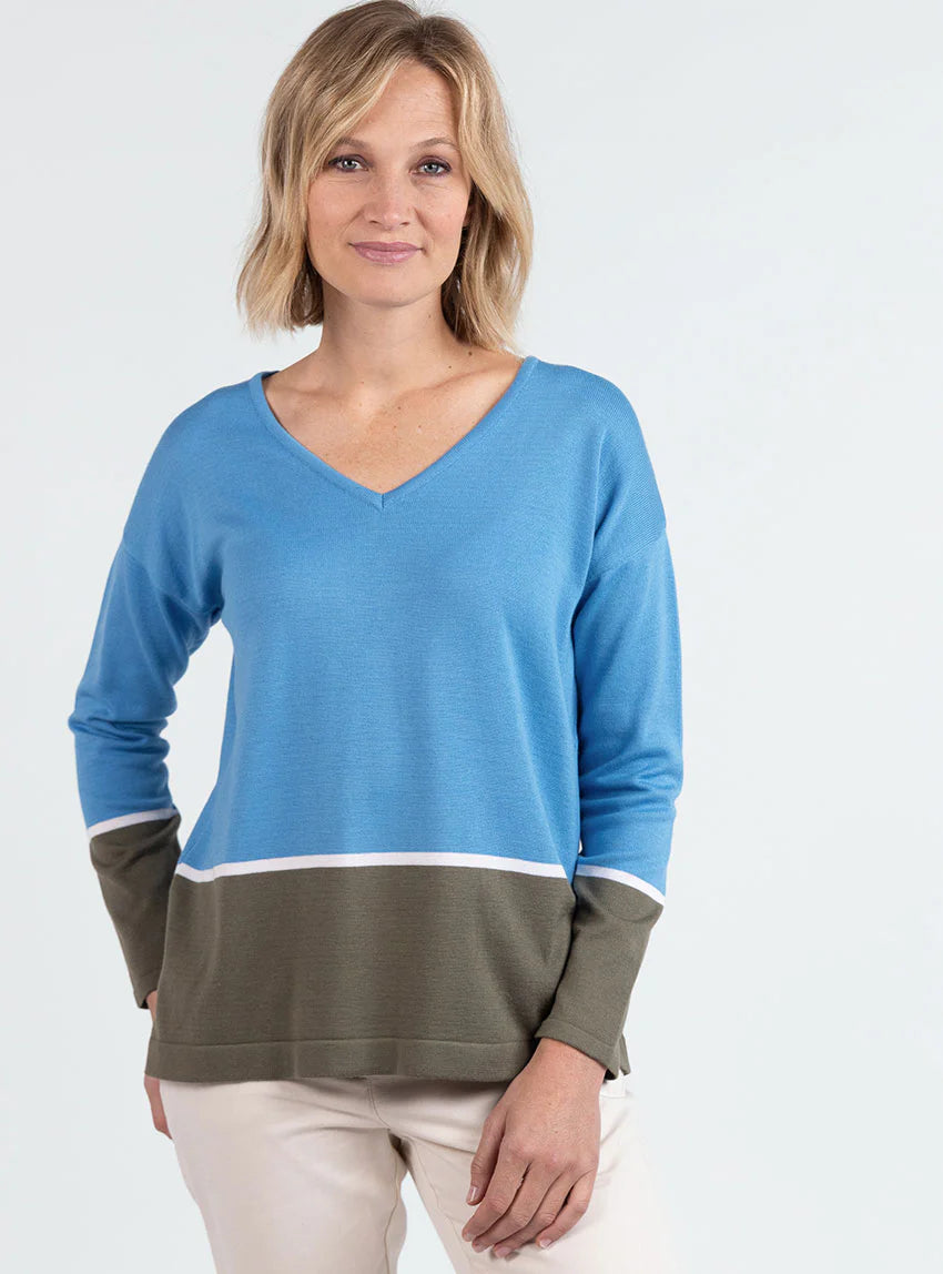Pull femme col V coton bleu pacifique