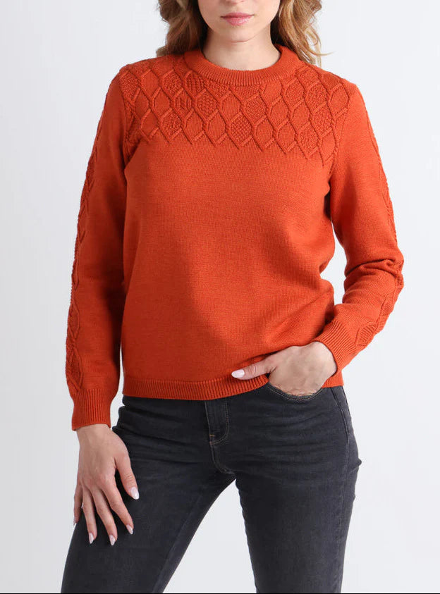 Pull femme torsades laine mérinos orange