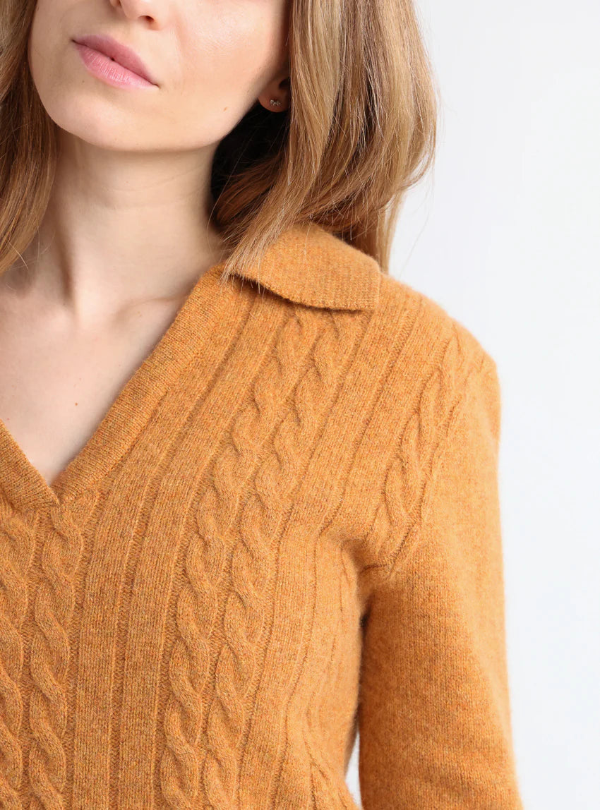 Pull femme laine mérinos col polo jaune