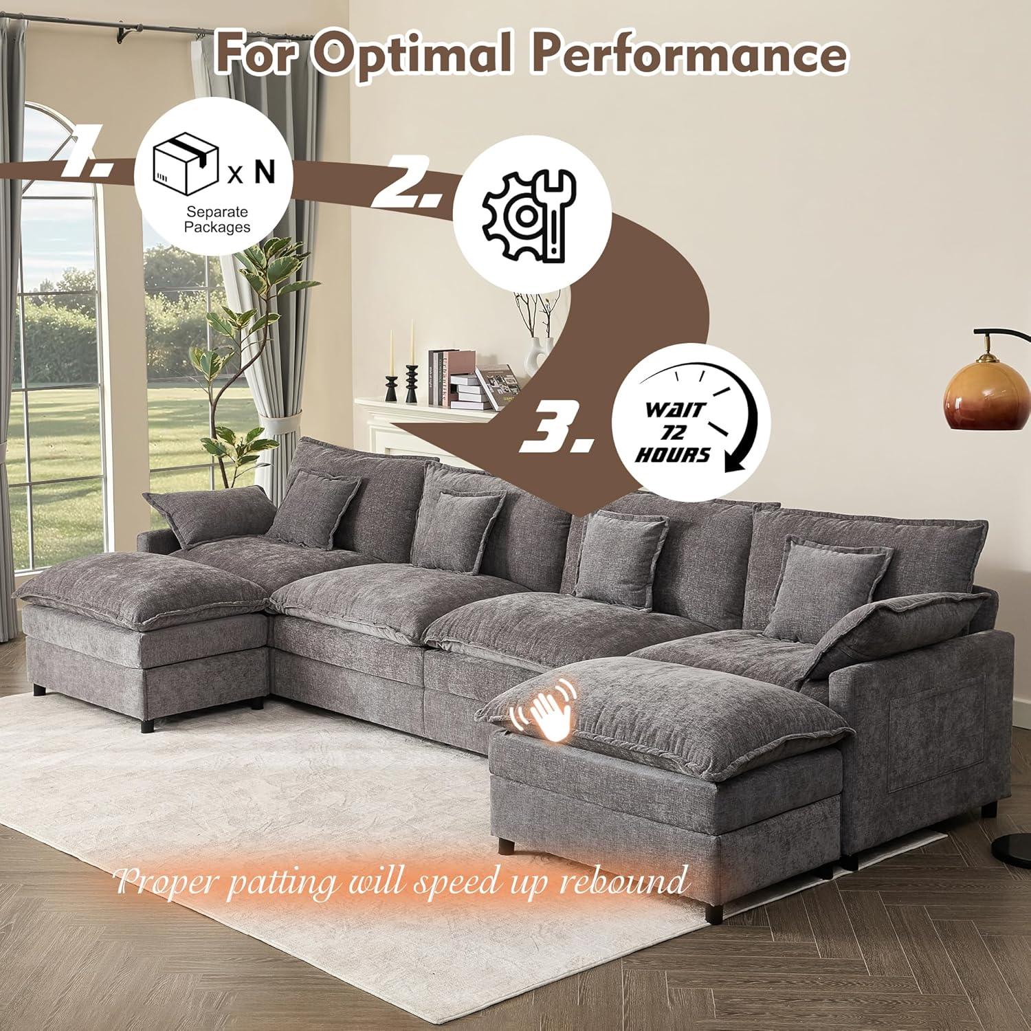 108 U Shaped Couch, Modular Sectional Sofa, 3-Seater Comfy Cloud Couch with Movable Ottoman, Deep Seat Couches for Living Room, Chenille, Slate