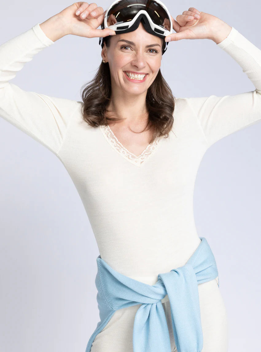 Tee-shirt manches longues femme laine et soie fine broderie blanc naturel
