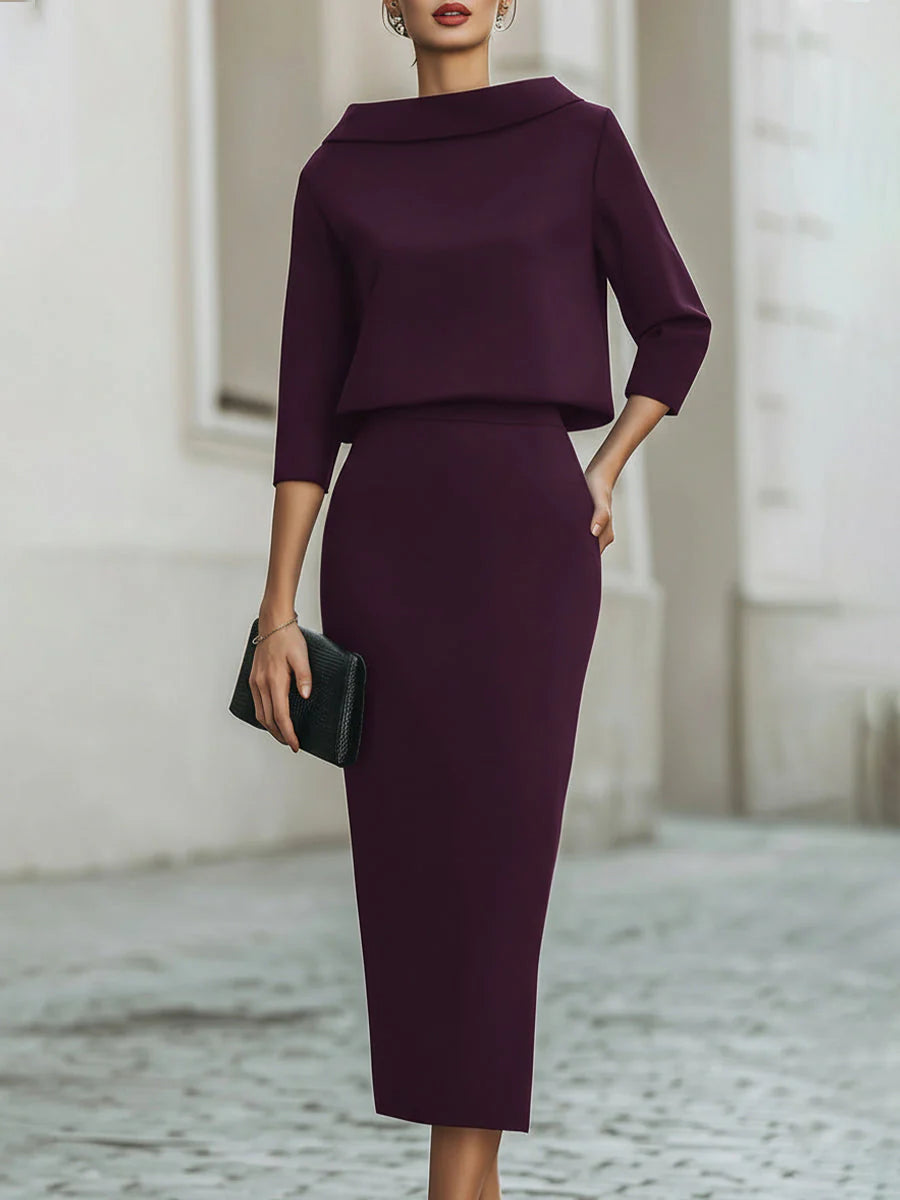 Ensemble Haut Col Bateau et Jupe Midi pour Femme