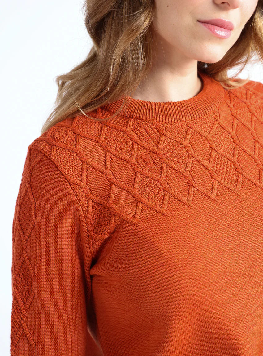Pull femme torsades laine mérinos orange