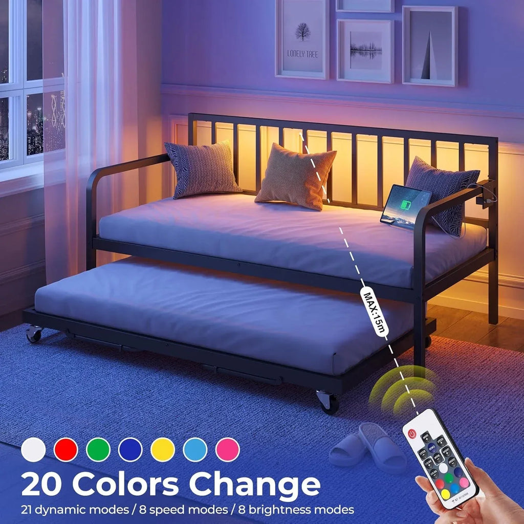 Rolanstar Daybed with Charging Station and LED Lights Height Adjustable Twin Daybed