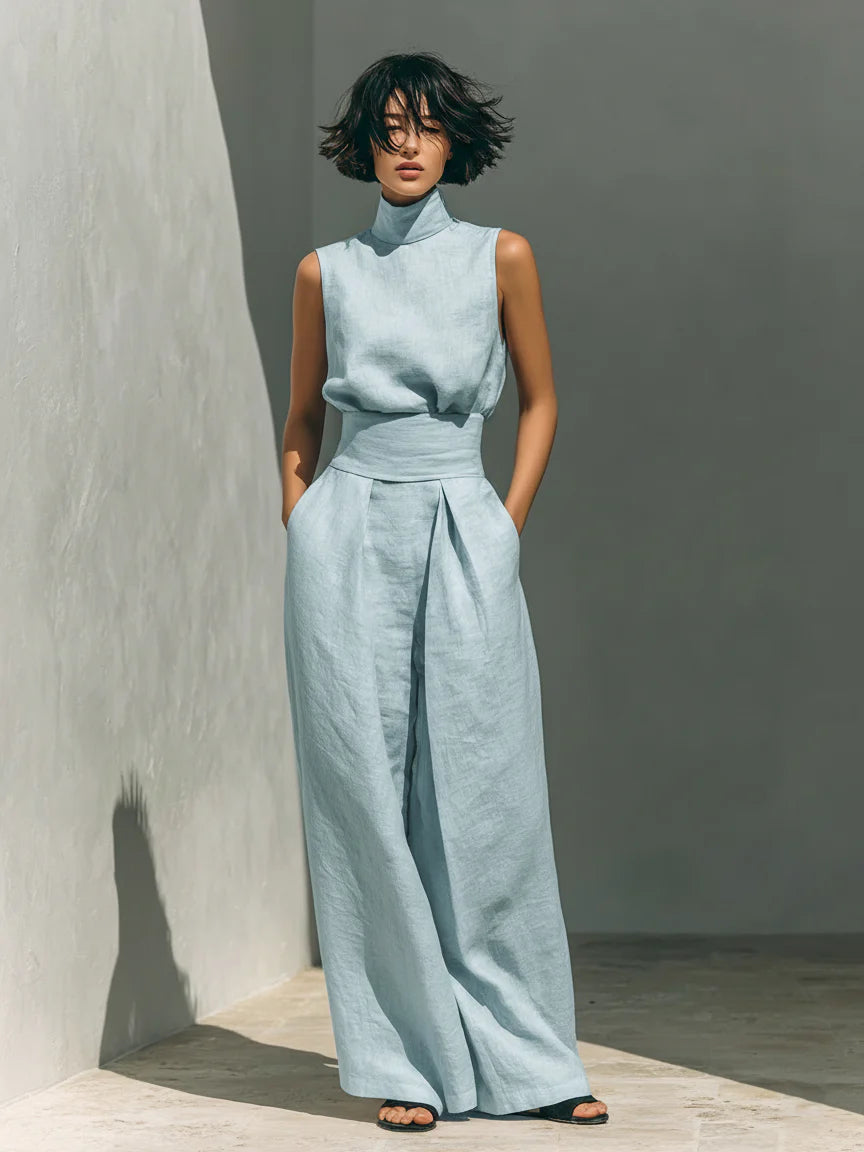 Maria - Ensemble minimaliste pour femme avec débardeur et pantalon large en coton et lin