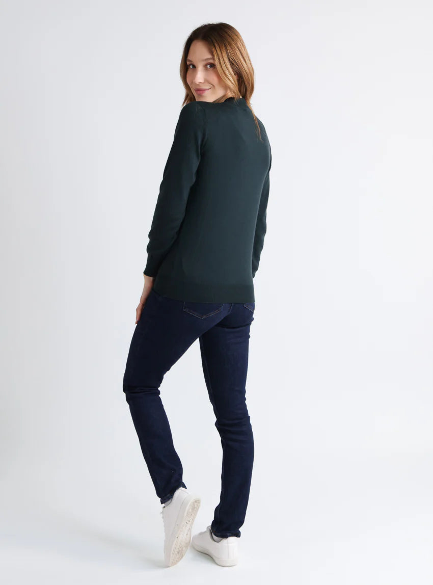 Pull femme col et maille fantaisie en laine merinos vert