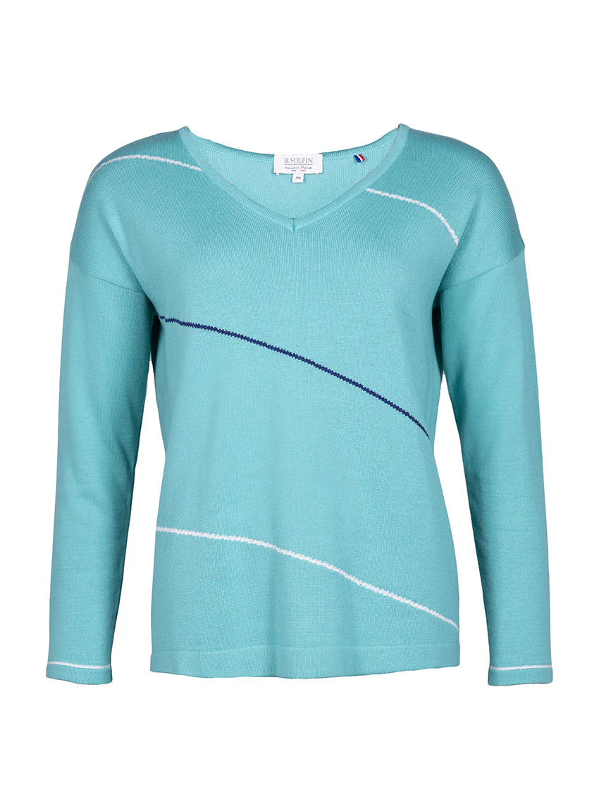 Pull femme col V en coton vert