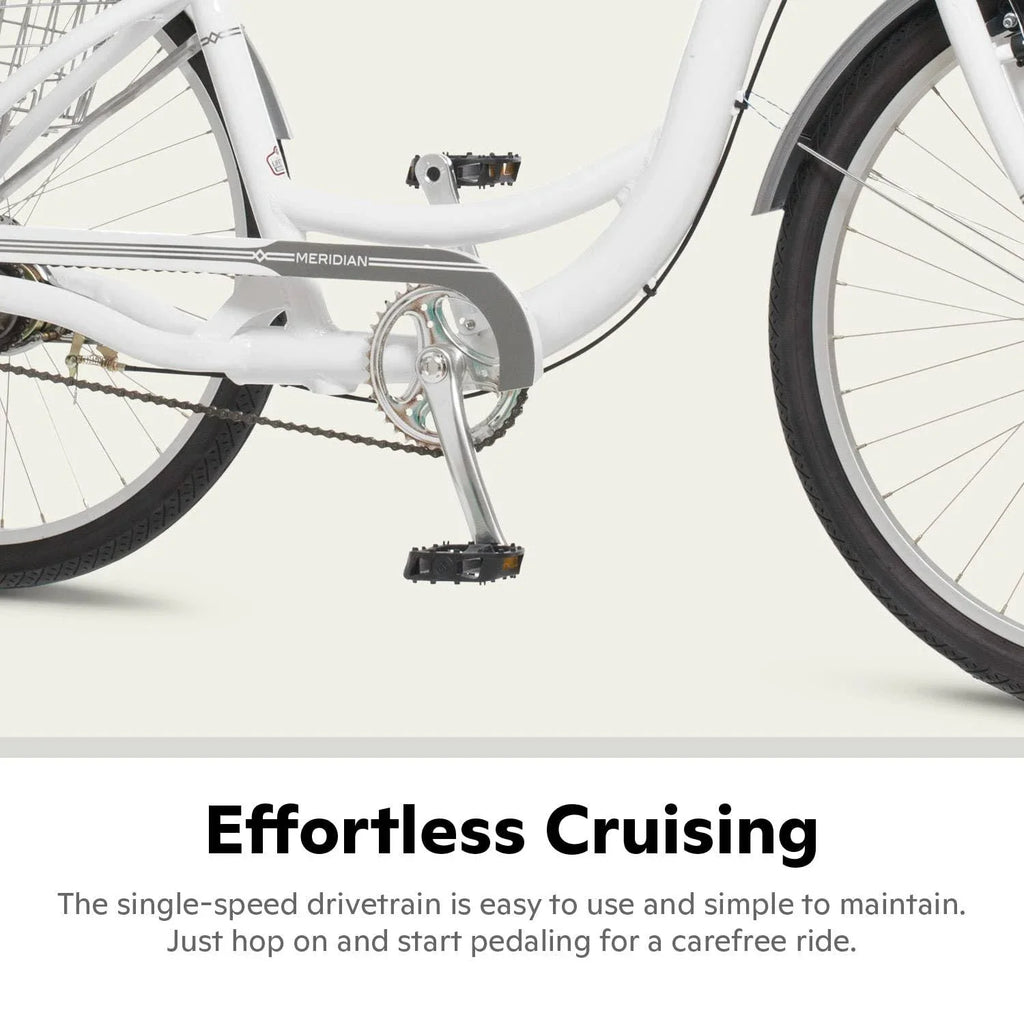 2025 Schwinn Meridian Adult Tricycle Bike Mens and Womens Three Wheel Beach Cruiser 26-inch Wheels Low Step-Through Frame Wide Seat Rear Folding Basket Sin
