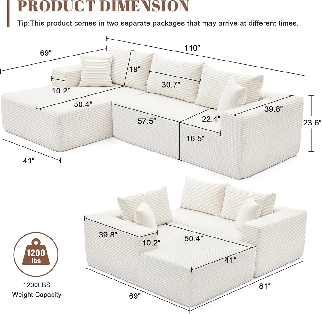 110 Cloud Sectional Couch, Boneless Sofa for Living Room Modular Sectional Sofa with Deep Seat