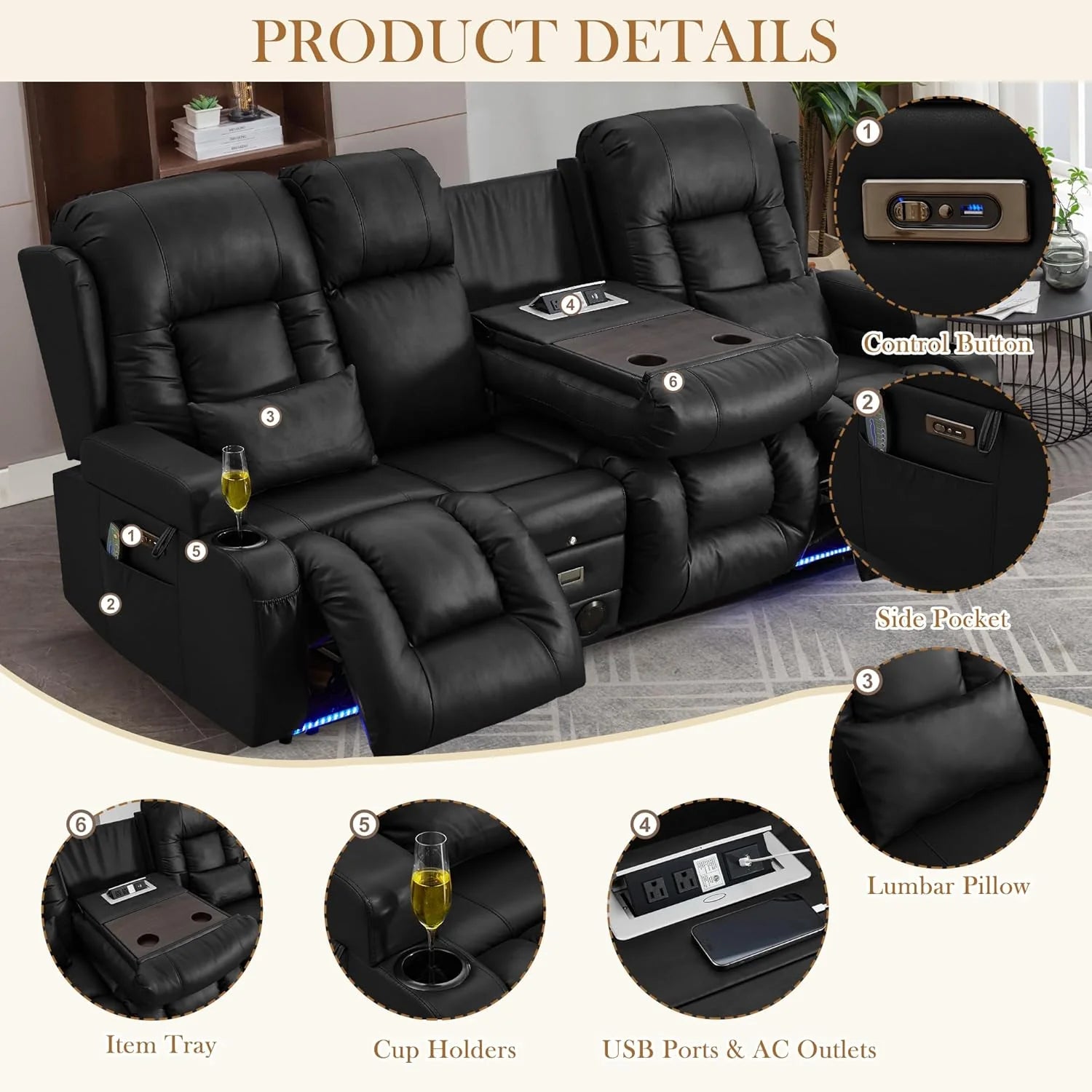 TUNYI Power Loveseat Recliner Sofa with Massage & Heat Home Theater Seating with Console Electric Recliner RV Sofa with USB/Outlet/Storage/Side Pocket/LED Light/Speaker (Brown, Loveseat)