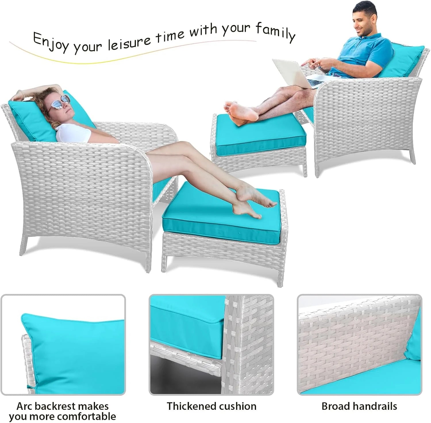 LEVELEVE Balcony Furniture 5 Piece Patio Conversation Set, PE Wicker Rattan Outdoor Lounge Chairs with Soft Cushions 2 Ottoman&Glass Table for Porch, Lawn-Brown Wicker