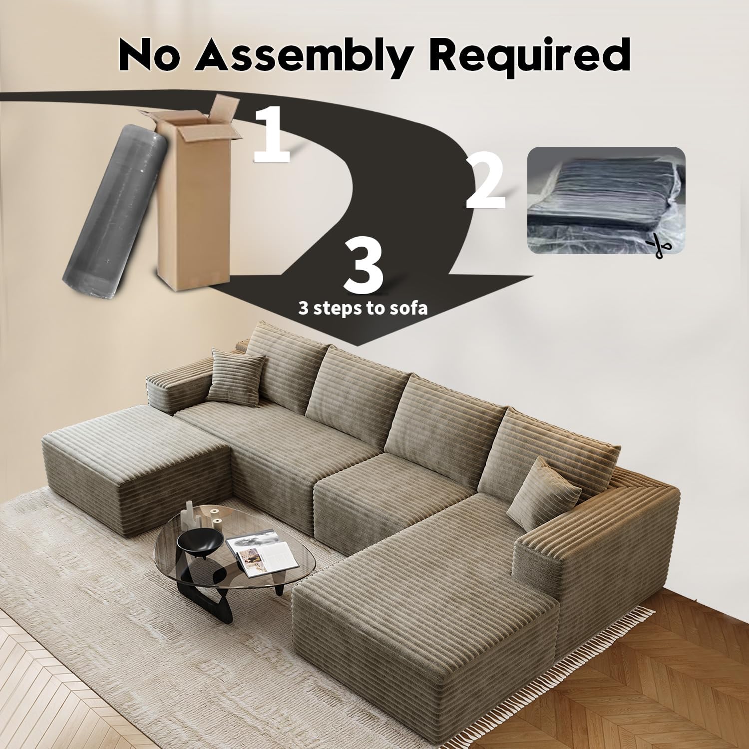 107.5 Cloud Modular Sectional Sofa Couch with L-Shape Chaise,Modern Minimalist Upholstered Couches for Living Room Bedroom,Deep Seat Corner Couch，No Assembly Required (Black,Left Facing Chaise)