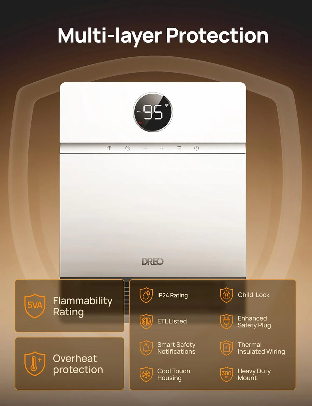 Dreo Smart Wall Heater, IP24 Electric PTC Space Heaters for Indoor Use, 30° Oscillation, Adjustable Thermostat, Remote Control, Works with Alexa, 24H Timer, Easy-mounted for Bedroom, Office, Home