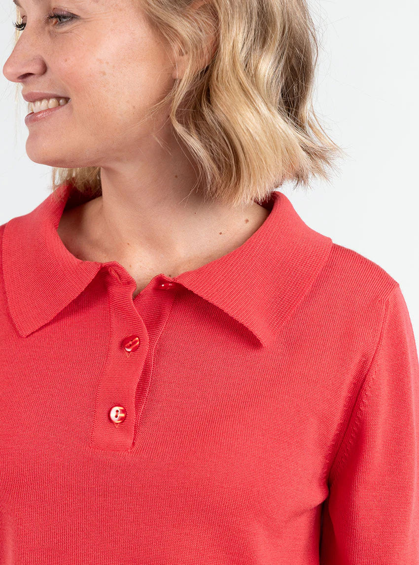 Pull femme col polo en laine rouge lumineux