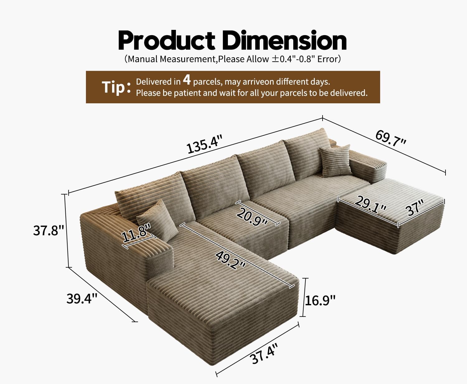 107.5 Cloud Modular Sectional Sofa Couch with L-Shape Chaise,Modern Minimalist Upholstered Couches for Living Room Bedroom,Deep Seat Corner Couch，No Assembly Required (Black,Left Facing Chaise)