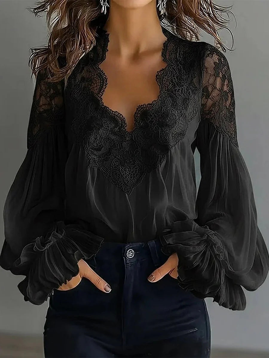 Blouse Femme en Dentelle à Manches Bouffantes Patchwork