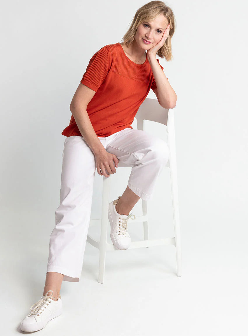 Pull femme manches courtes coton orange terracotta
