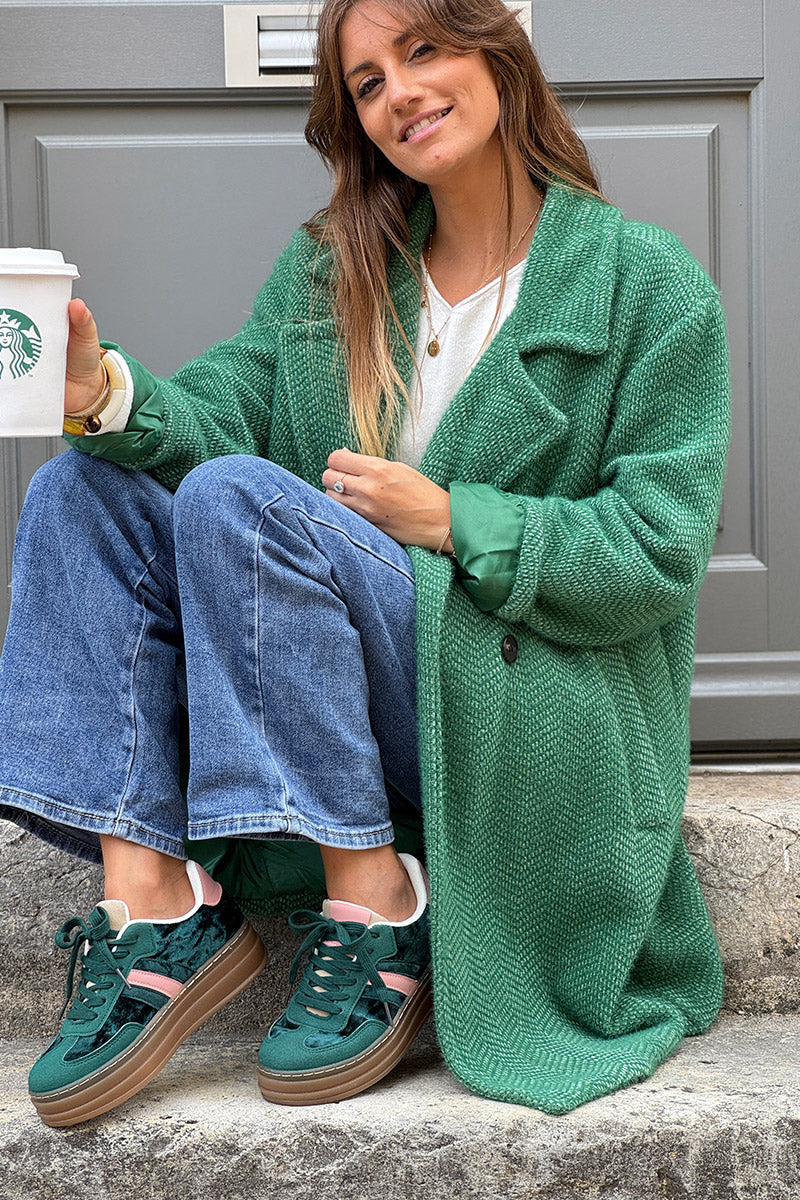 Manteau vert long et doux en maille chenille