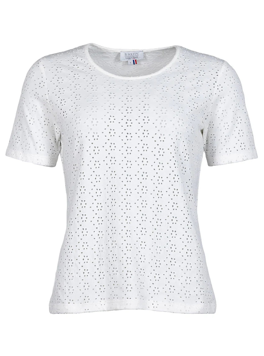 Tee-shirt femme en maille ajourée coton blanc crème