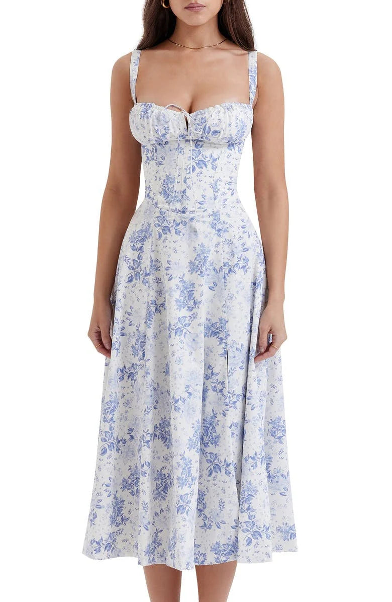 Robe moulante bustier à fleurs et taille découverte