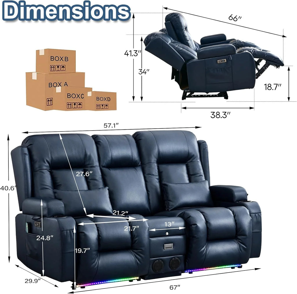 TUNYI Power Loveseat Recliner Sofa with Massage & Heat Home Theater Seating with Console Electric Recliner RV Sofa with USB/Outlet/Storage/Side Pocket/LED Light/Speaker (Brown, Loveseat)