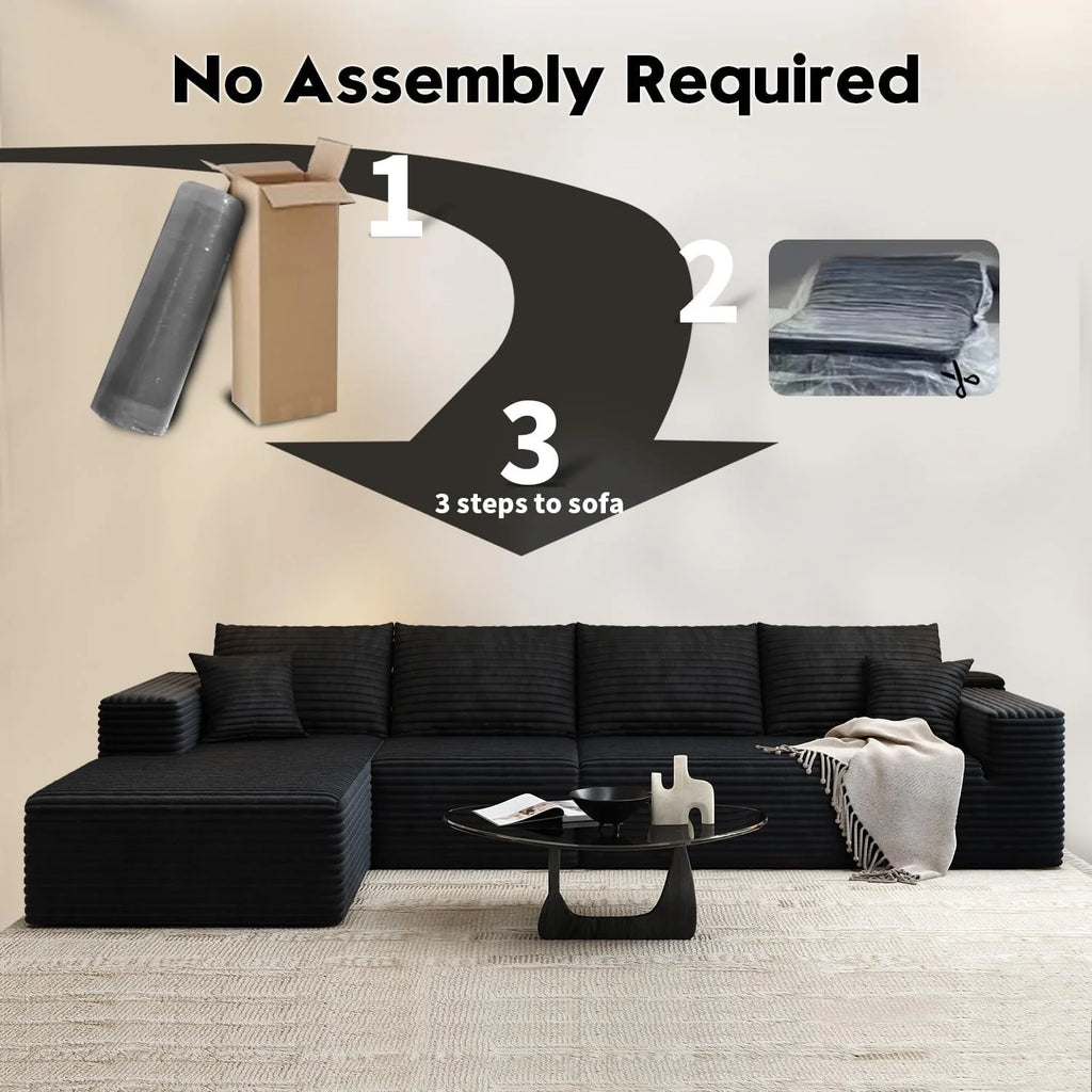 107.5 Cloud Modular Sectional Sofa Couch with L-Shape Chaise,Modern Minimalist Upholstered Couches for Living Room Bedroom,Deep Seat Corner Couch，No Assembly Required (Black,Left Facing Chaise)