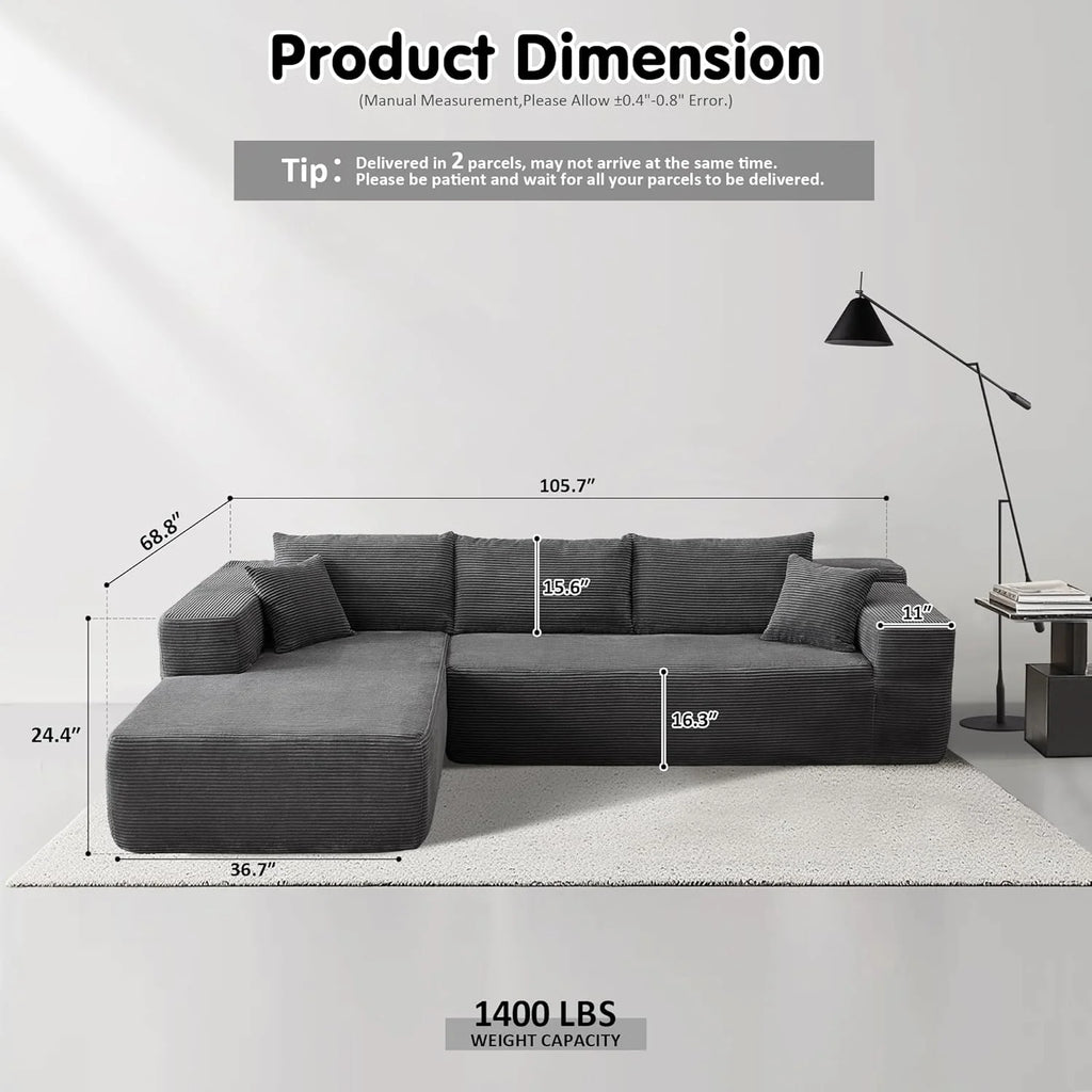 ovios 104 Cloud Sectional Couch with L-Shape Chaise,Modern Modular Sofa with Deep Seat, Upholstered Couches for Living Room Bedroom,No Assembly Required, Grey (Plush Corduroy Fabric)