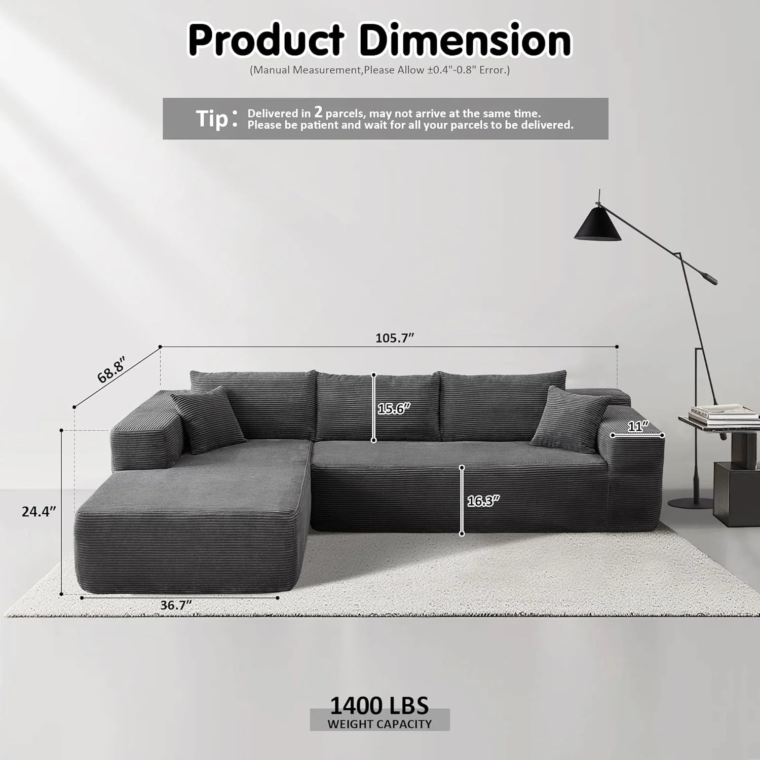 ovios 104 Cloud Sectional Couch with L-Shape Chaise,Modern Modular Sofa with Deep Seat, Upholstered Couches for Living Room Bedroom,No Assembly Required, Grey (Plush Corduroy Fabric)