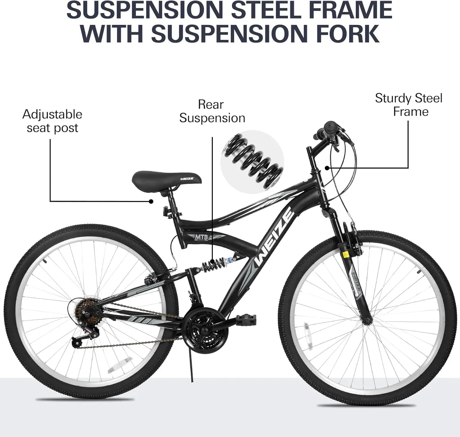 WEIZE Mountain Bike 26 27.5 inch Outdoor Hybrid Bikes 18-Speed High-Carbon Steel Full Suspension