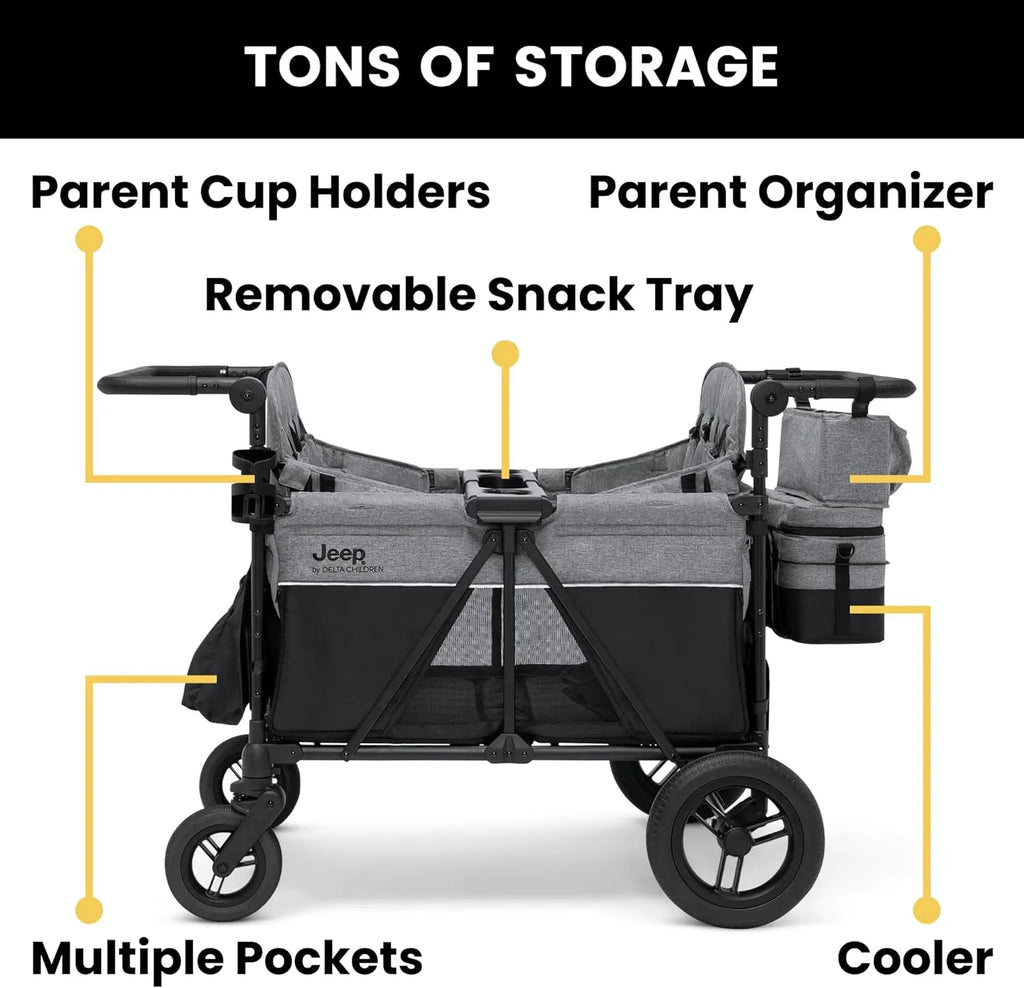 Jeep Wrangler Deluxe 4 Seater Stroller Wagon by Delta Children - Premium Quad Stroller Wagon for 4 Kids