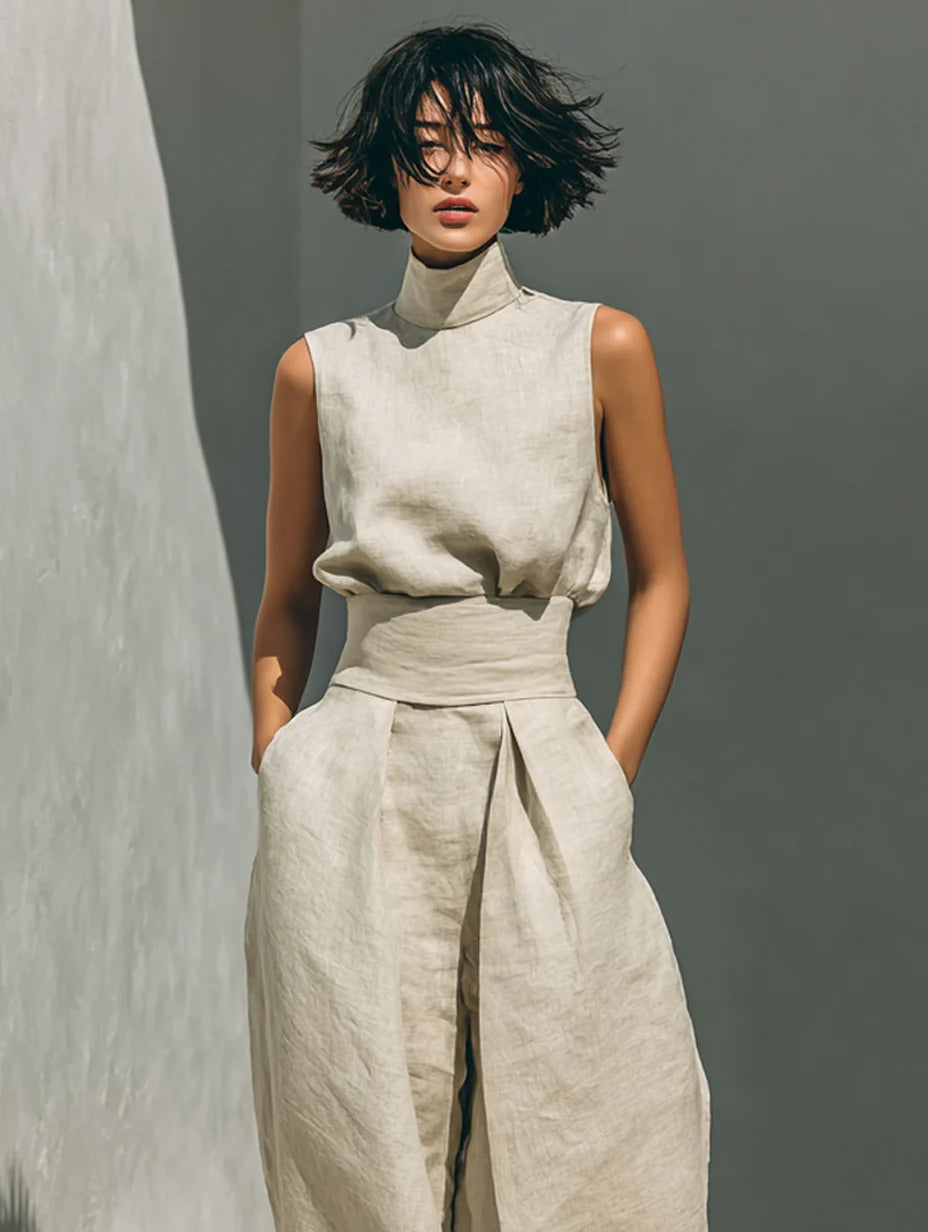 Maria - Ensemble minimaliste pour femme avec débardeur et pantalon large en coton et lin