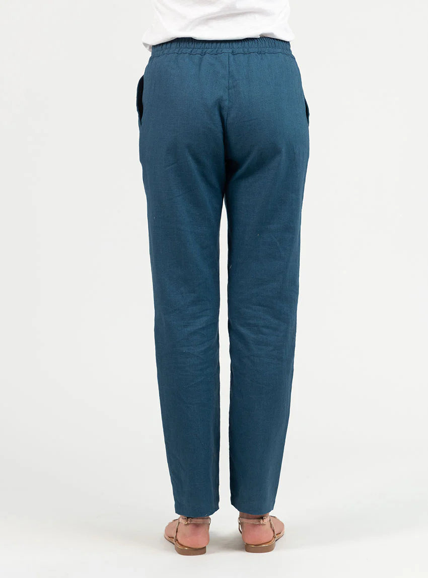 Pantalon femme en lin et coton bleu paon