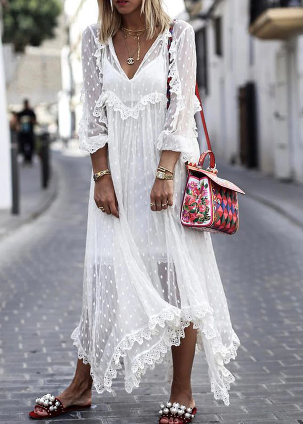Sophie Paris | Robe longue en jacquard à pois transparents manches longues