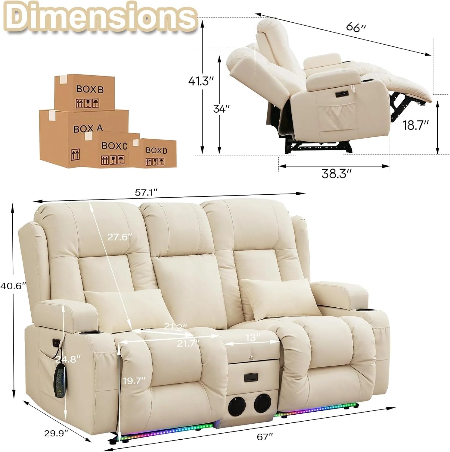 TUNYI Power Loveseat Recliner Sofa with Massage & Heat Home Theater Seating with Console Electric Recliner RV Sofa with USB/Outlet/Storage/Side Pocket/LED Light/Speaker (Brown, Loveseat)