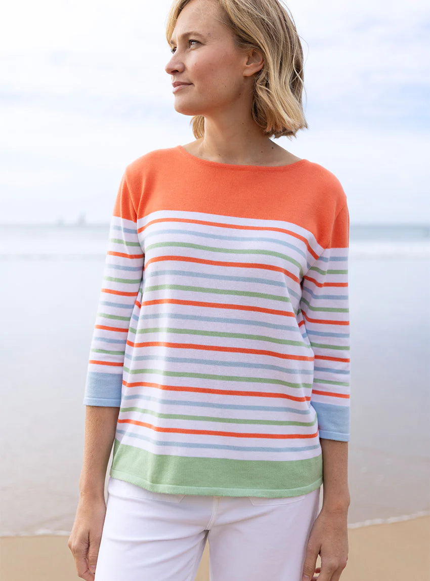 Pull femme rayé en coton orange melon