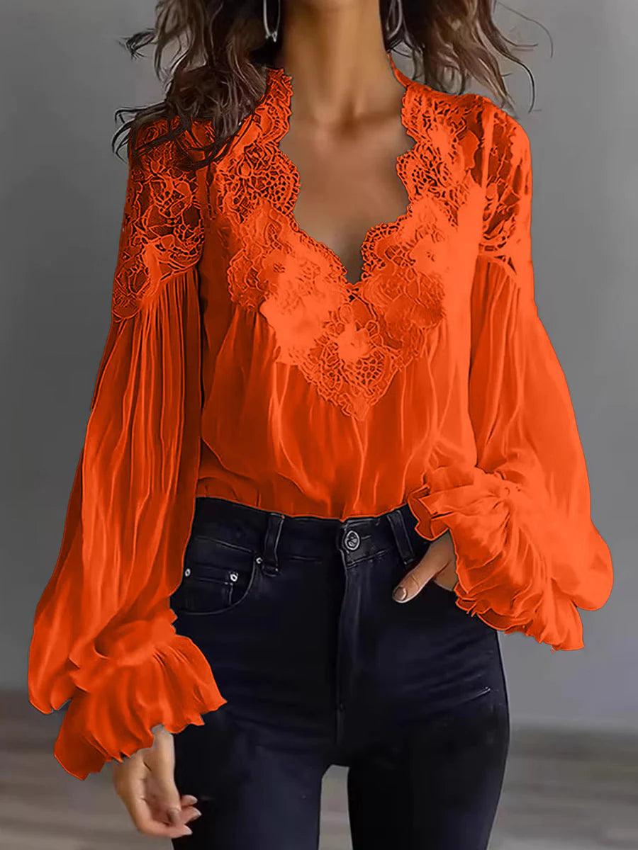 Blouse Femme en Dentelle à Manches Bouffantes Patchwork