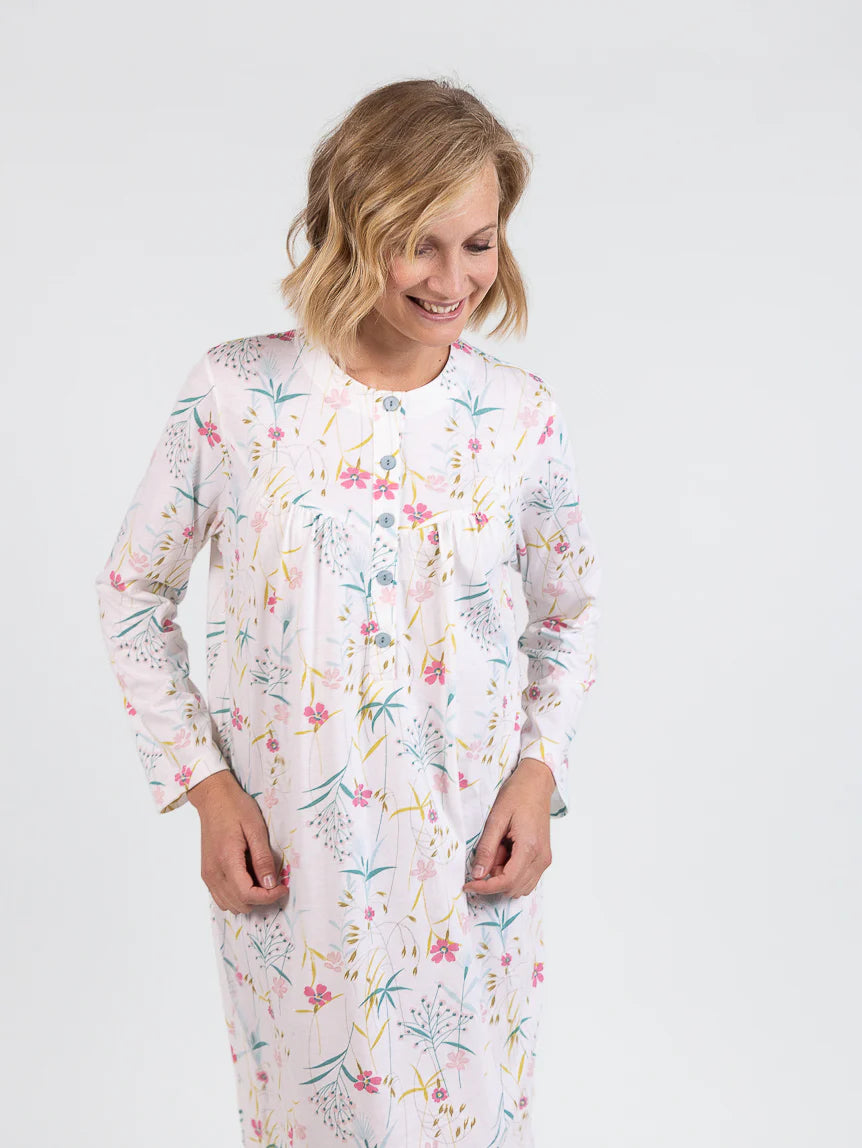 Chemise de nuit femme en coton floral rose poudre