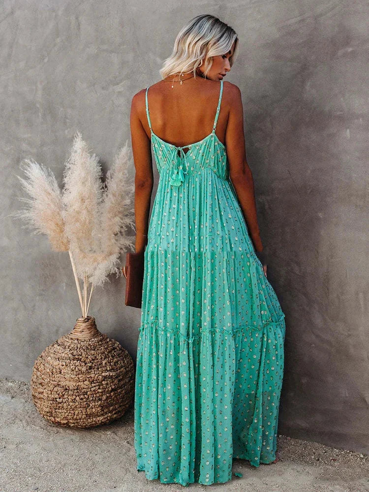 Robe Maxi d'Été Verte Style Bohème Chic