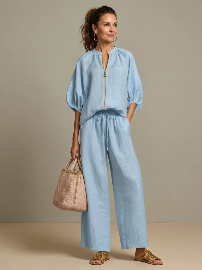 Ensemble blouse zippée et pantalon à jambes larges pour femme